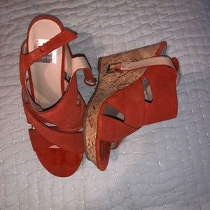 Orange suede cork wedges